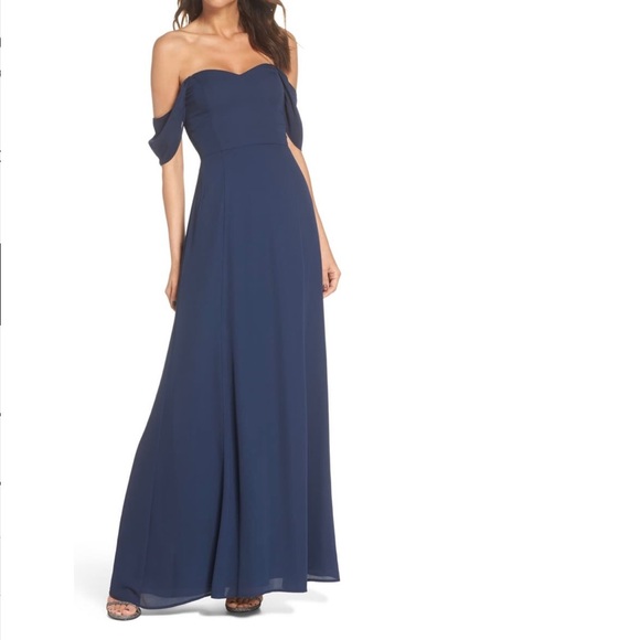 WAYF Rachel Off the Shoulder Gored Maxi Dress in Navy - Picture 3 of 10